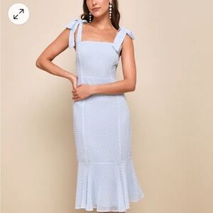 Lulus Bimini Periwinkle Blue Swiss Dot Tie-Strap Midi Dress